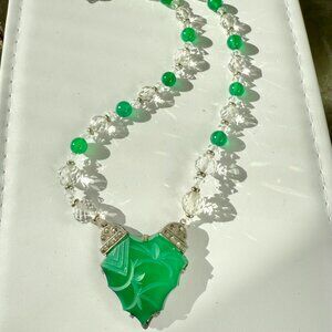Vintage Art Deco Sterling Silver Marcasite Carved Green glass necklace